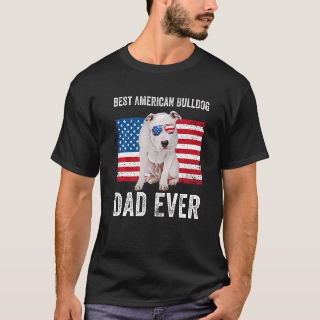 American Bulldog Pappa American Flagga Hundägare T Shirt (Framsida)