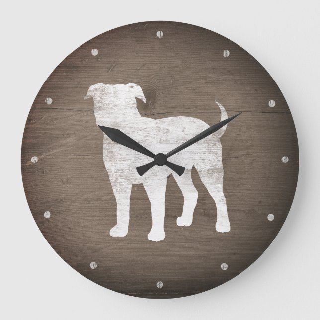 American Bulldog Silhouette Faux Rustic Wood Stor Klocka (Framsida)
