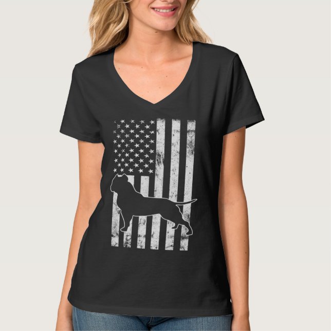 American Bully PitBull Dog With American Flag Vint T Shirt (Framsida)