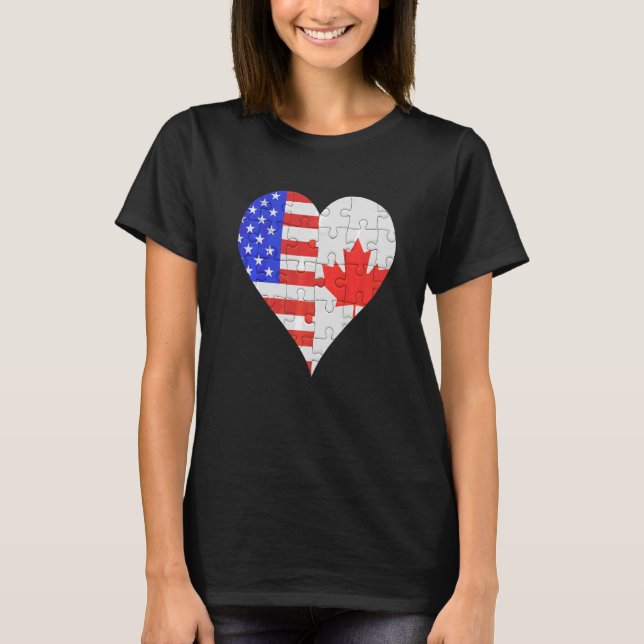 American Canadian Flagga Heart T Shirt (Framsida)