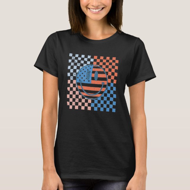 American Checkered Flag Smile Face Retro 4th Of Ju T Shirt (Framsida)