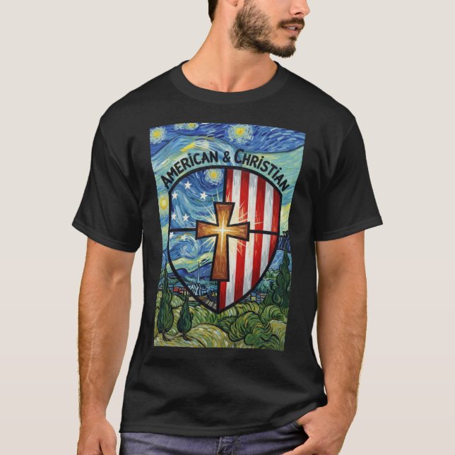 American & Christian Patriotic Shield Faith & Free T Shirt (Framsida)