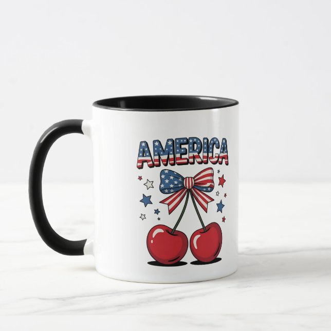 American Coquette Bow Cherry Aesthetic USA flagga Mugg (Vänster)