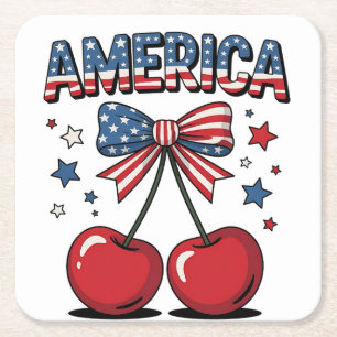 American Coquette Bow Cherry Aesthetic USA flagga Underlägg Papper Kvadrat