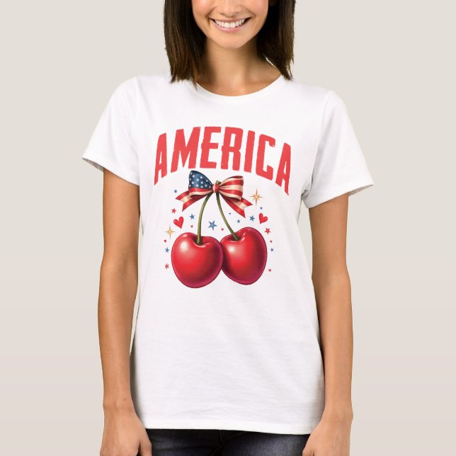 American Coquette Cherry Bow Patriotic USA T-Shirt (Framsida)