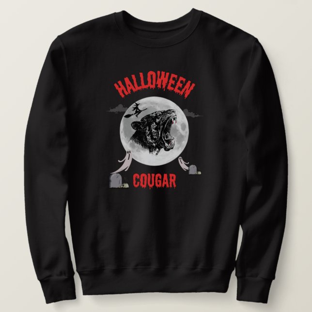 american cougar on halloween night with crows lång ärmad tröja (Design framsida)