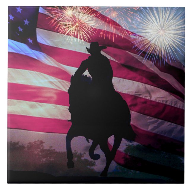 American Cowboy Flagga och Fireworks Kakelplatta (Framsidan)