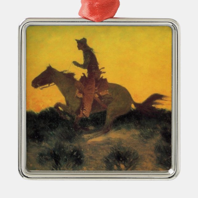 American Cowboy Horse Rider Mot solnedgången Julgransprydnad Metall (Framsidan)