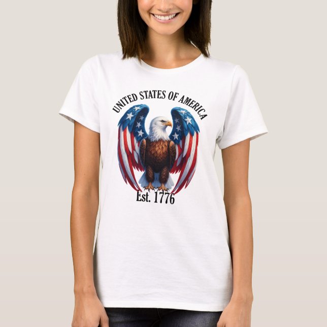 American Eagle med Flagga Vingar Est. 1776 T Shirt (Framsida)