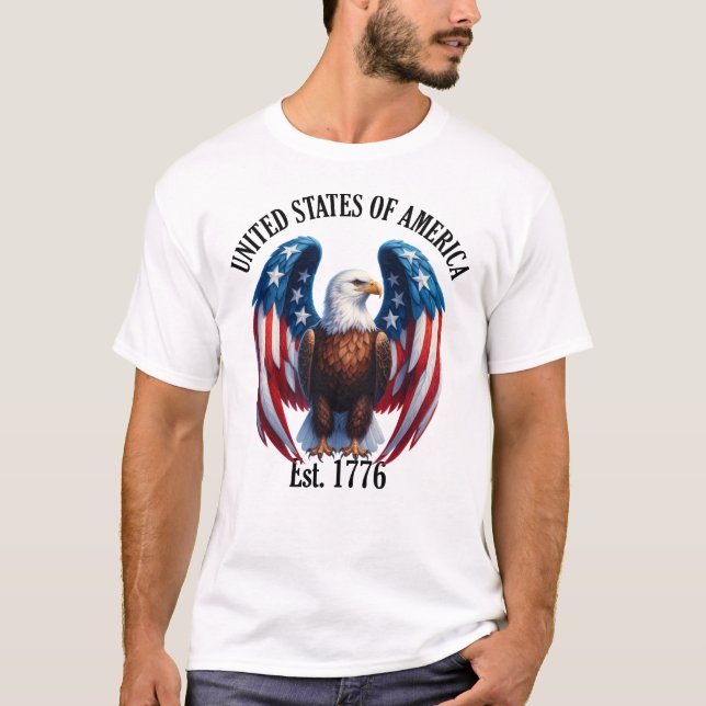American Eagle med Flagga Vingar Est. 1776 T Shirt (Framsida)