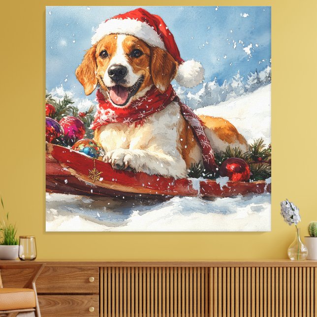 American English Foxhound i släde jul Canvastryck (Insitu (Vardagsrum))