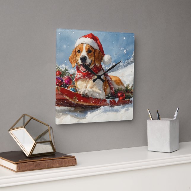 American English Foxhound i släde jul Fyrkantig Klocka (Kontor)