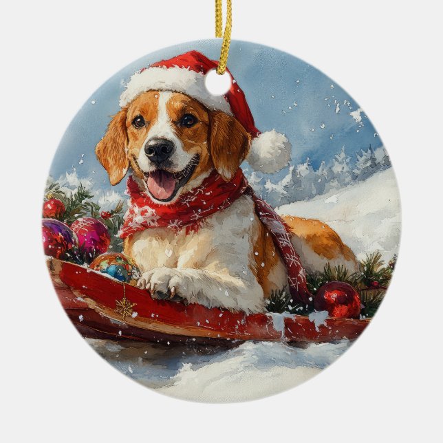 American English Foxhound i släde jul Julgransprydnad Keramik (Framsidan)
