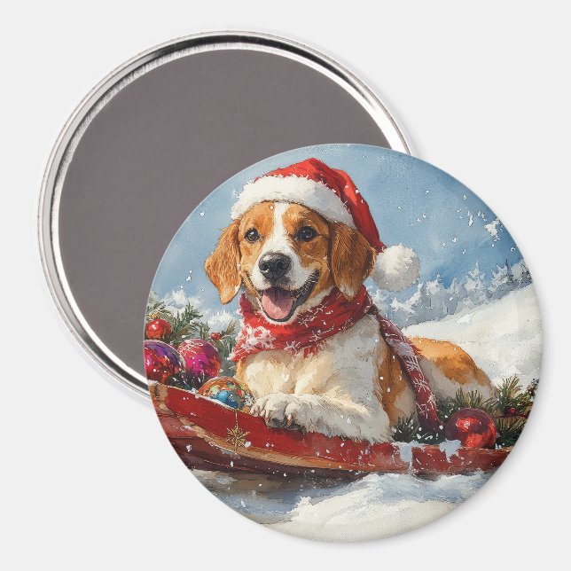 American English Foxhound i släde jul Magnet (Front/Back)