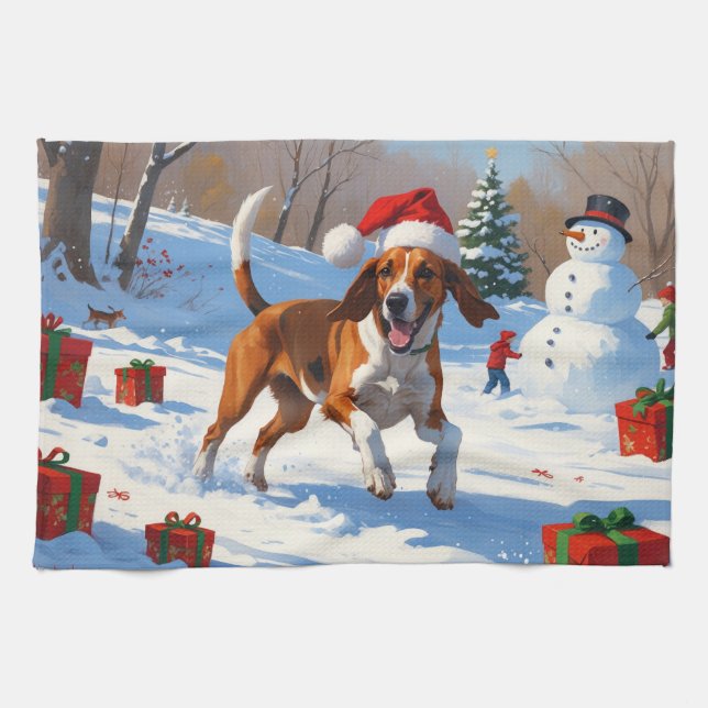 American English Foxhound jul Festive Snö Kökshandduk (Horisontell)