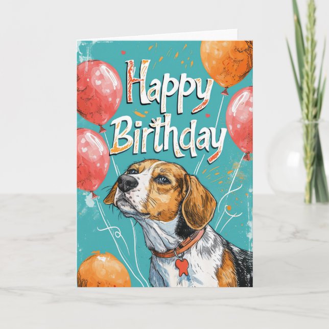 American English Foxhound med Balloons Birthday Kort (Framsida)