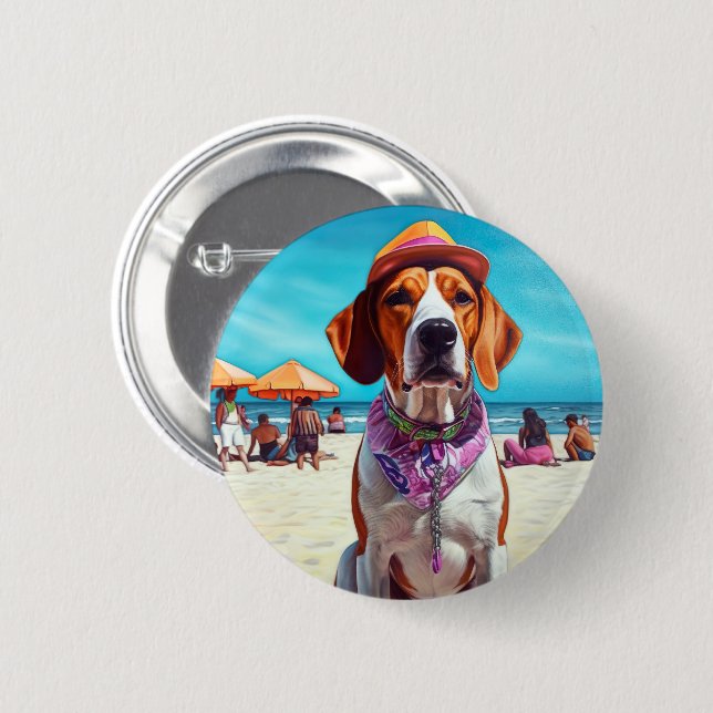 American English Foxhound på Beach, sommargåva Knapp (Framsida & baksida)