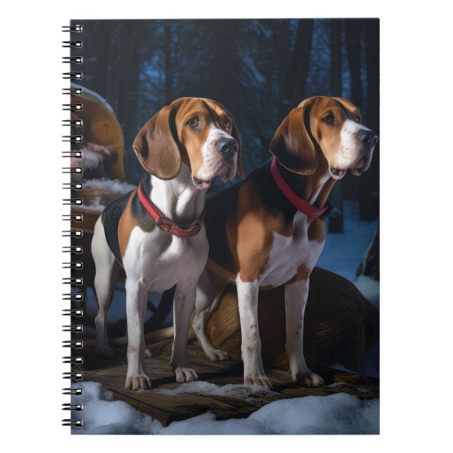 American English Foxhound Snowy Sleigh-jul Anteckningsbok (Framsidan)