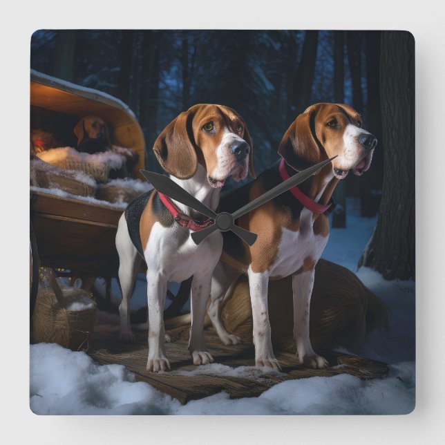 American English Foxhound Snowy Sleigh-jul Fyrkantig Klocka (Framsida)