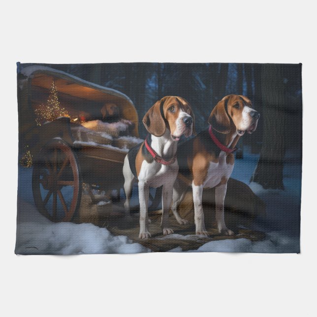 American English Foxhound Snowy Sleigh-jul Kökshandduk (Horisontell)