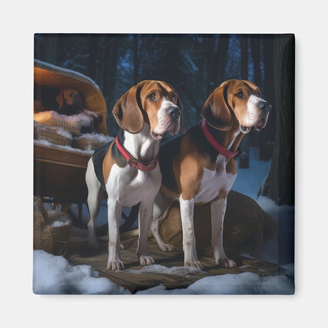 American English Foxhound Snowy Sleigh-jul Magnet (Framsidan)