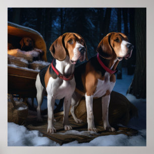 American English Foxhound Snowy Sleigh-jul Poster