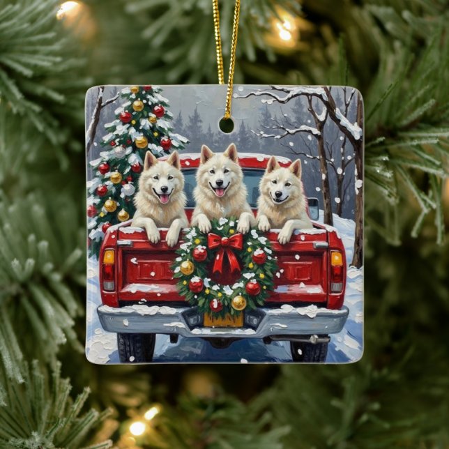 American Eskimo Dog Christmas Red Truck Holiday Julgransprydnad Keramik (Träd)
