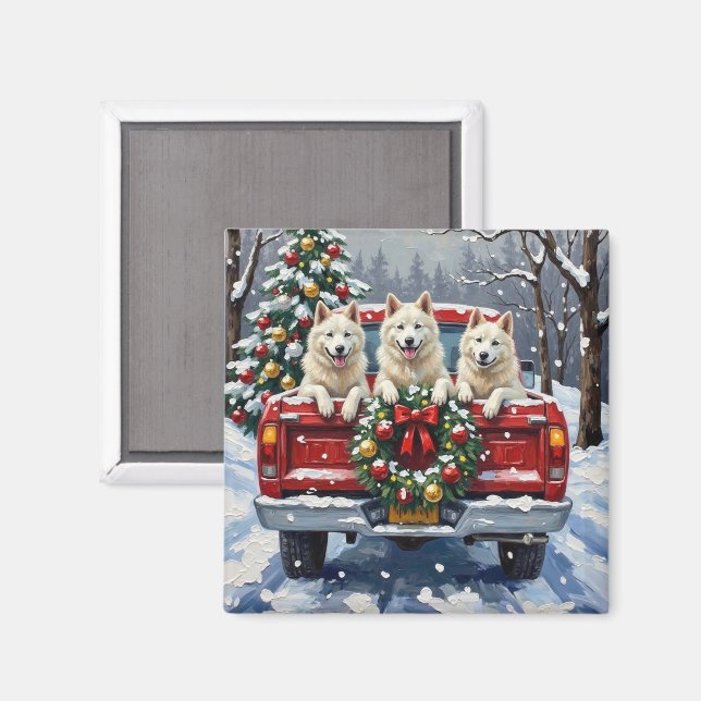 American Eskimo Dog Christmas Red Truck Holiday Magnet (Front/Back)
