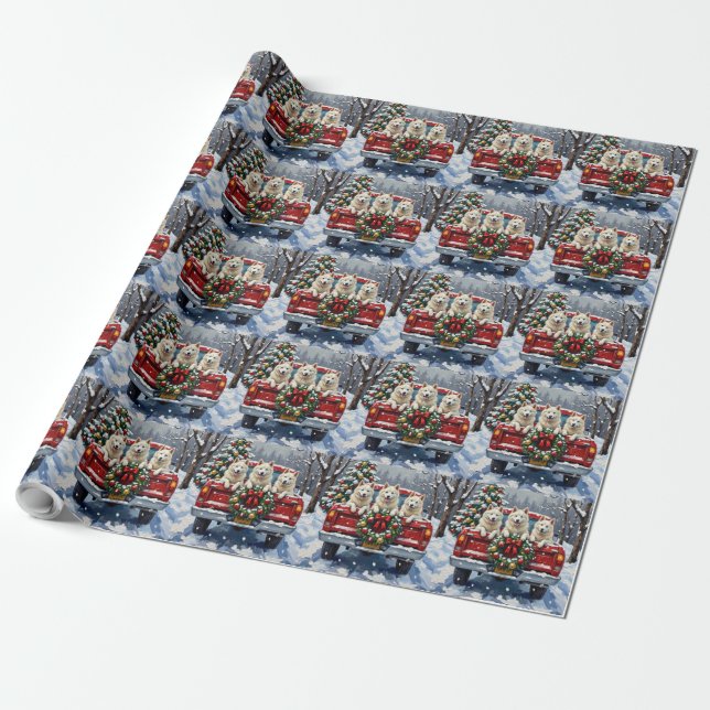 American Eskimo Dog Christmas Red Truck Holiday Presentpapper (Utrullad)