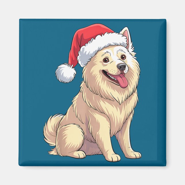 American Eskimo Dog Christmas Santa Hat Pet Dog Lo Magnet (Framsidan)