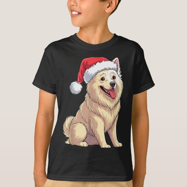 American Eskimo Dog Christmas Santa Hat Pet Dog Lo T Shirt (Framsida)
