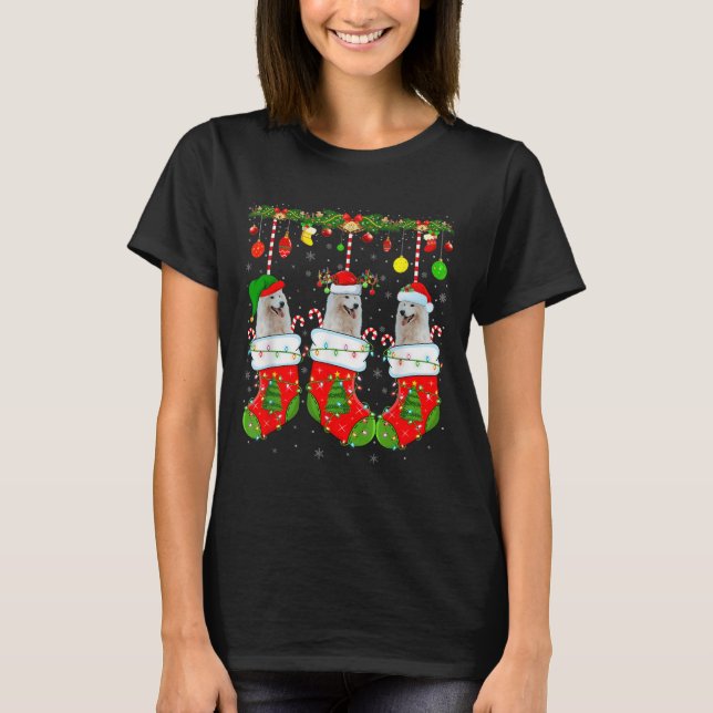 American Eskimo Dog In Christmas Socks Funny Dog L T Shirt (Framsida)