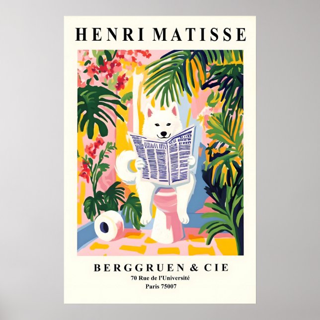 American Eskimo Dog on Toilet Funny Bathroom Print Poster (Framsidan)