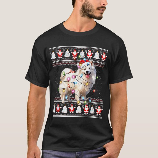 American Eskimo Dog Xmas Lights Ugly Sweater Chris T Shirt (Framsida)