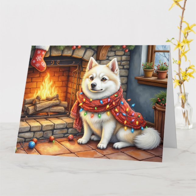 American Eskimo Fireplace with Christmas Lights Kort (Gul blomma)