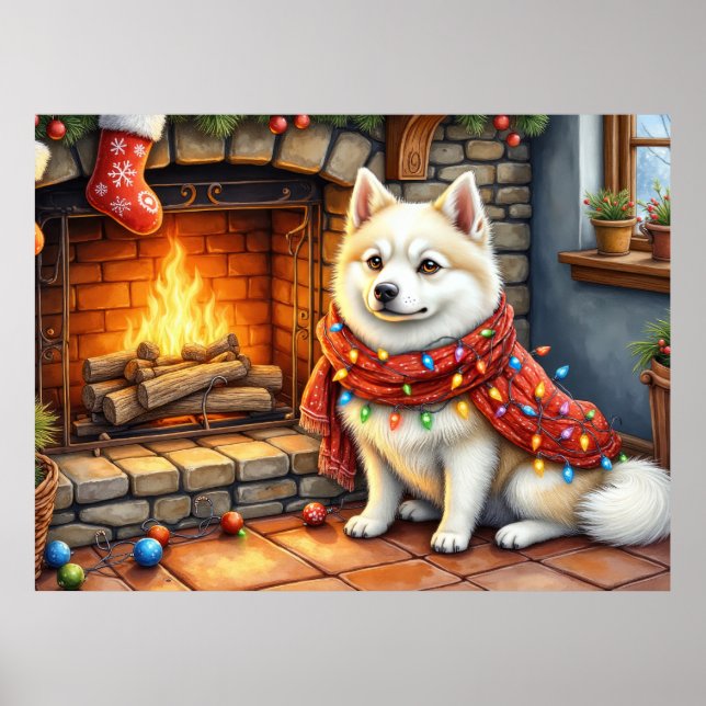American Eskimo Fireplace with Christmas Lights Poster (Framsidan)