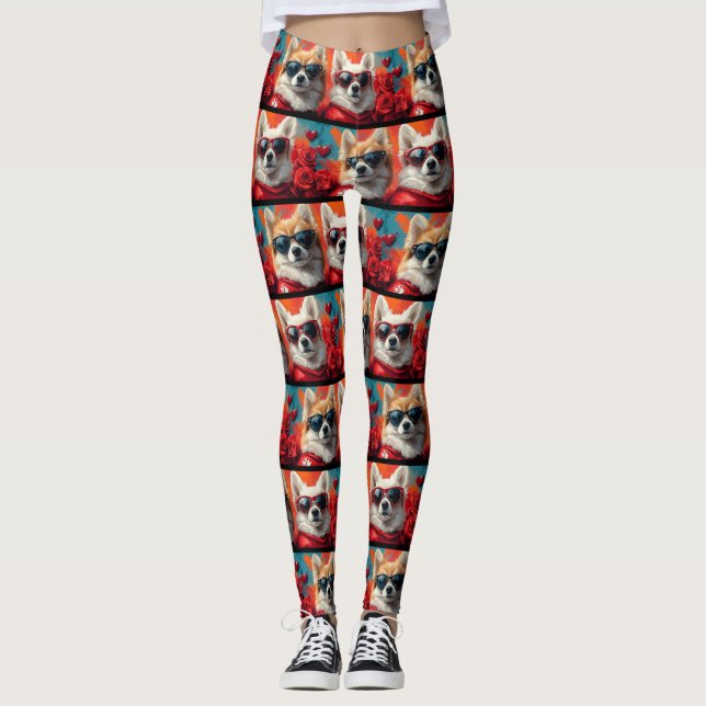 American Eskimo Heart Roses Alla hjärtans dag Leggings (Framsida)