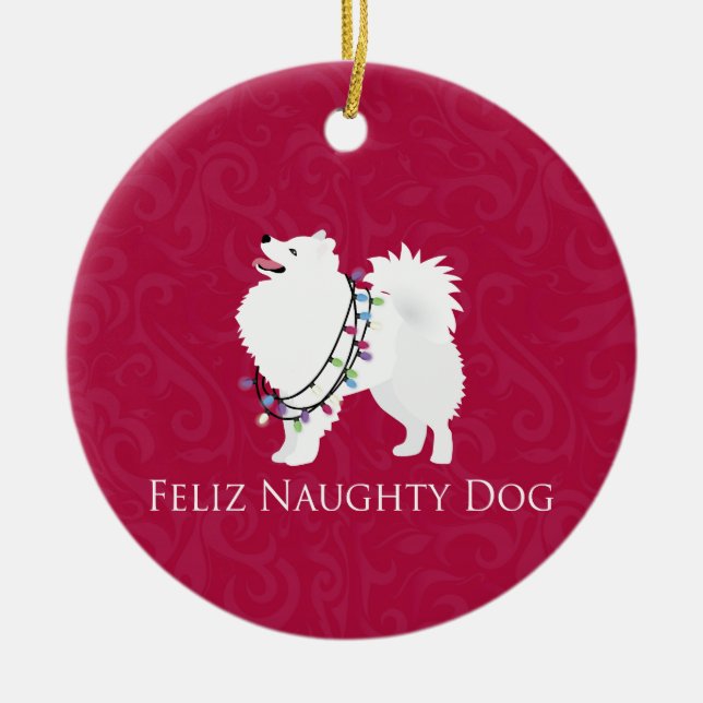 American Eskimo Hund Feliz Naughty Hund jul Julgransprydnad Keramik (Framsidan)