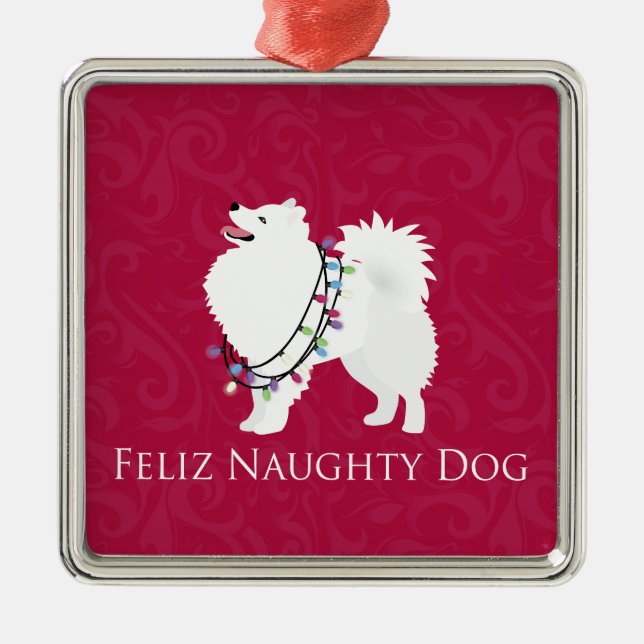 American Eskimo Hund Feliz Naughty Hund jul Julgransprydnad Metall (Framsidan)