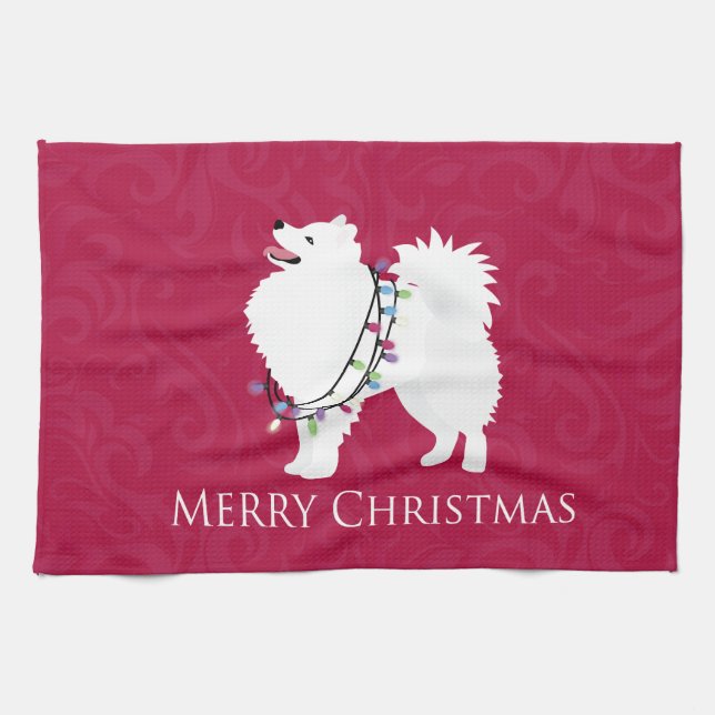 American Eskimo Hund God jul Design Kökshandduk (Horisontell)