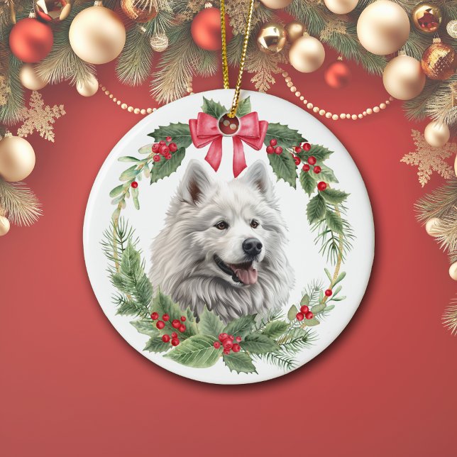 American Eskimo Hund Red Bow Holly Wandeans Julgransprydnad Keramik (Skapare uppladdad)