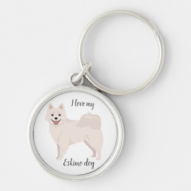 American Eskimo hund Rund Silverfärgad Nyckelring (Framsidan)