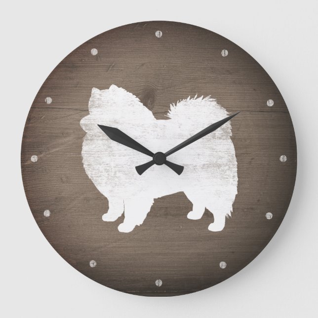 American Eskimo Hund Silhouette Rustic Stor Klocka (Framsida)