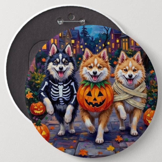 American Eskimo Hundar Trick-or-Treating Halloween Knapp (Framsida & baksida)