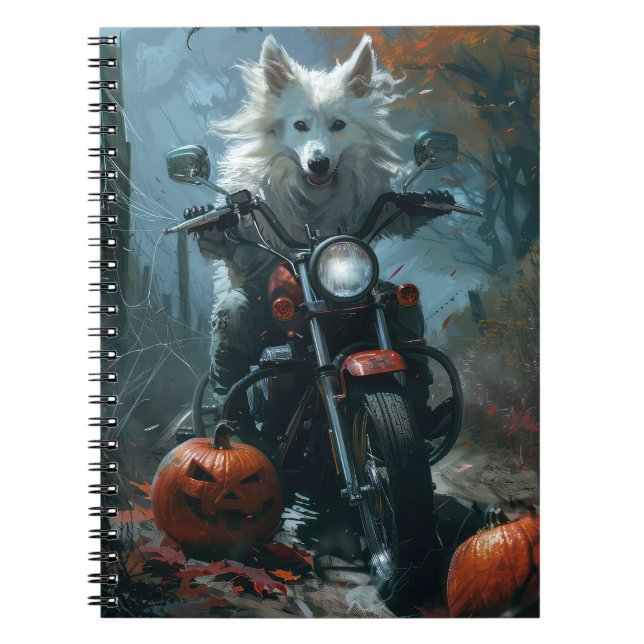 American Eskimo Riding Motorcycle Halloween Scary Anteckningsbok (Framsidan)