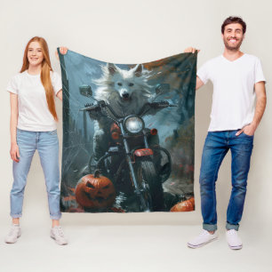 American Eskimo Riding Motorcycle Halloween Scary Fleecefilt