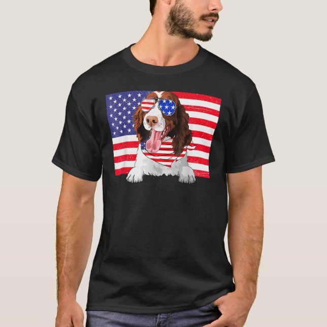 American Flag 4th Of July English Springer Spaniel T Shirt (Framsida)