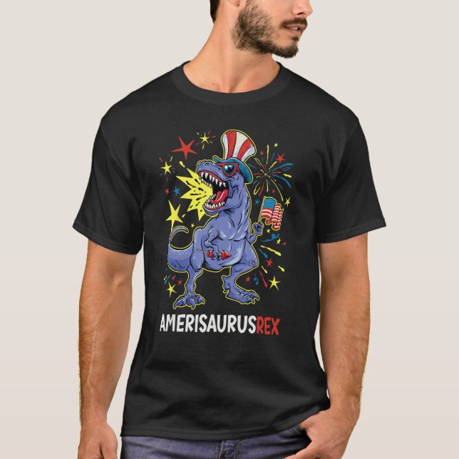 American Flag 4th of July T Rex Dinosaur Amerisaur T Shirt (Framsida)