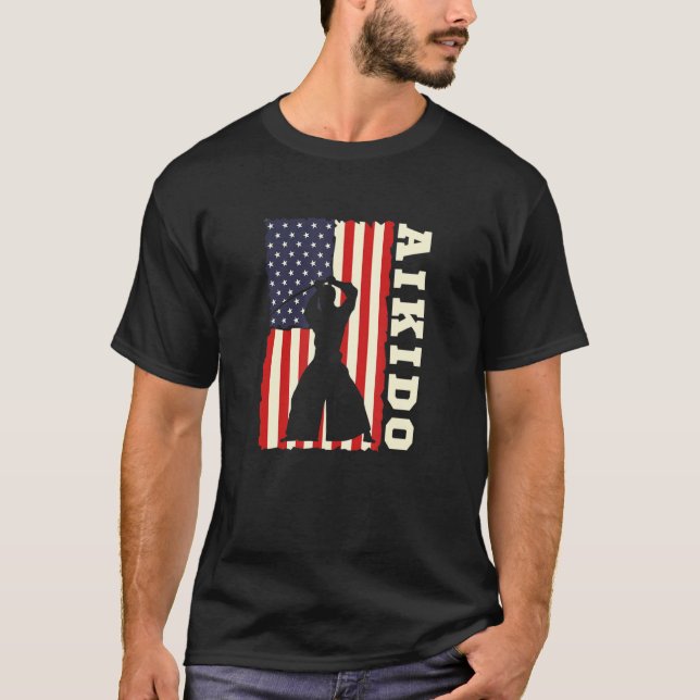 American Flag Aikido Japanese Martial Art Combat S T Shirt (Framsida)