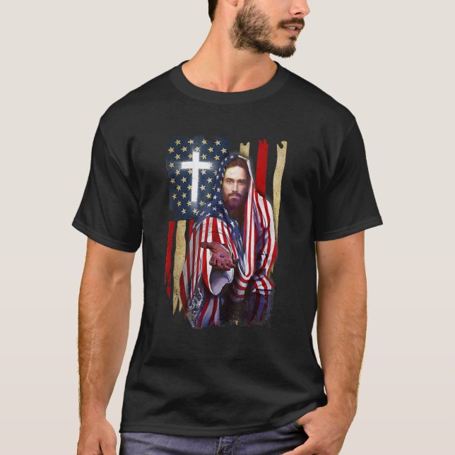 American Flag And Jesus Happy Independence Day 4th T Shirt (Framsida)